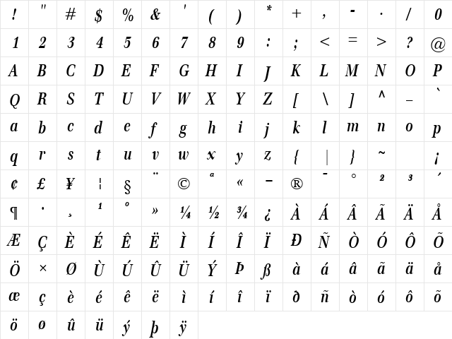 Emona Cond BoldItalic  glyph index