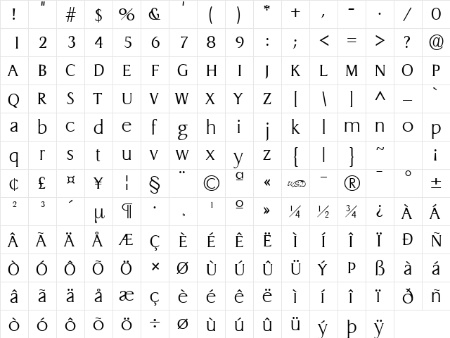 GriffonLight normal  glyph index