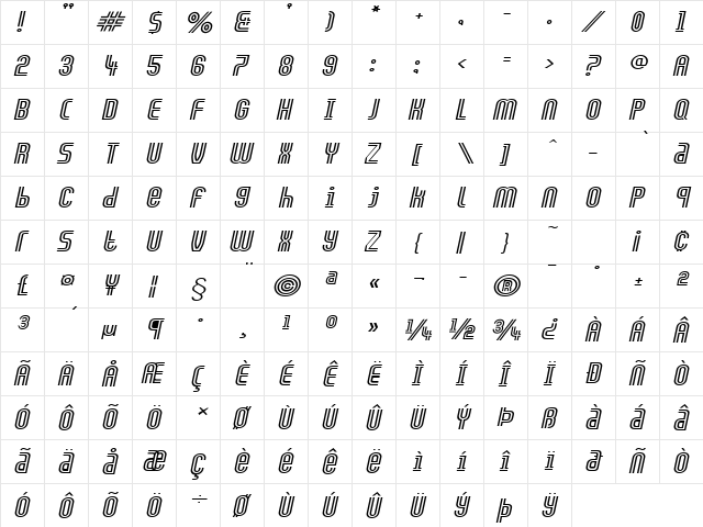 ArchExtended Italic  glyph index