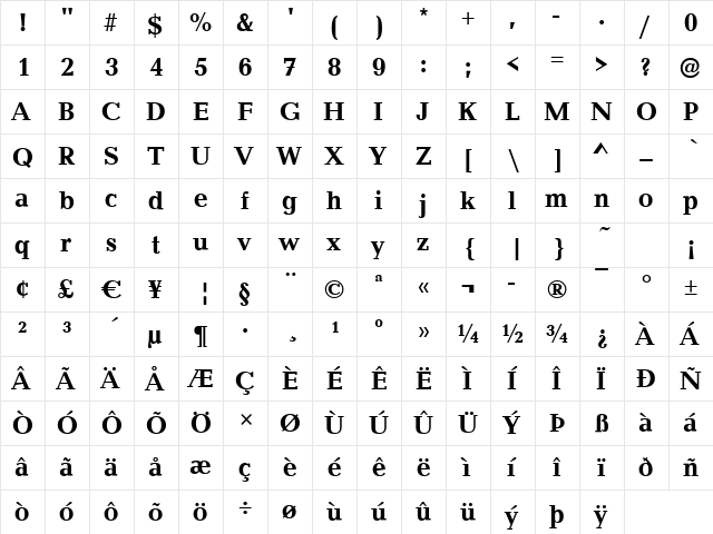 Canyon Bold  glyph index