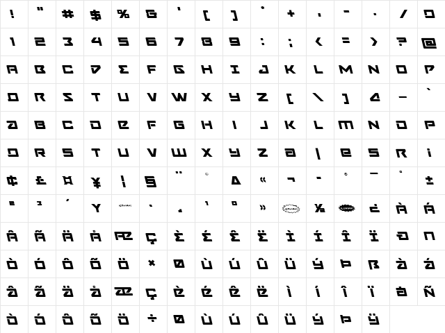Navy Cadet Leftalic Italic  glyph index