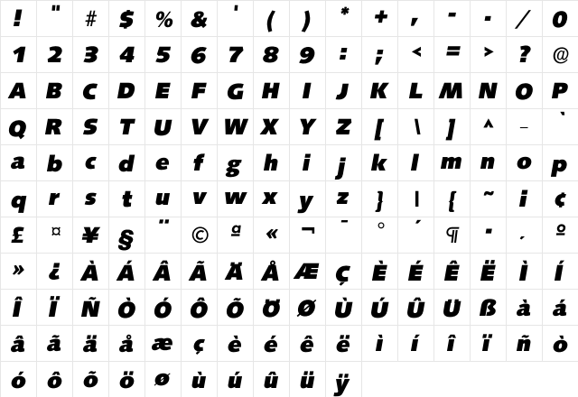Isaxony Heavy  glyph index