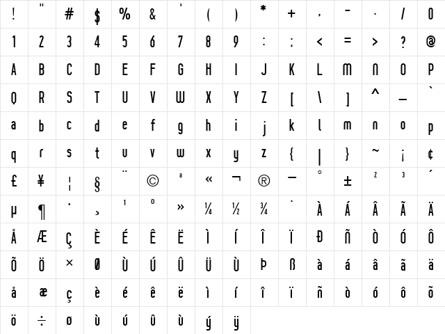 Prozak Regular  glyph index