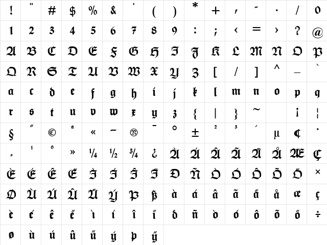 HumboldtFrakturUNZ1L Italic  glyph index