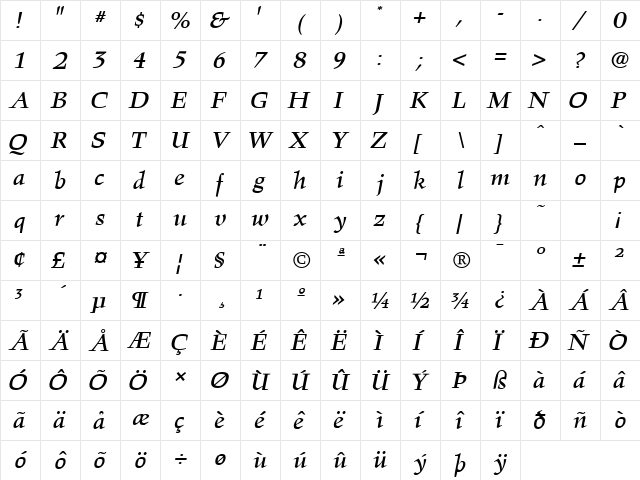 Hawkhurst LT Std BoldItalic Regular  glyph index