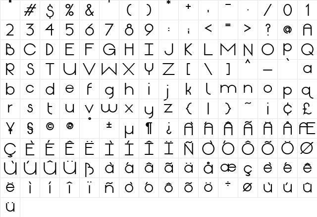 Origin ExtBd Extra Bold  glyph index