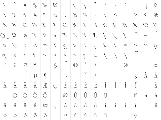 University Extreme Leftis Regular  glyph index