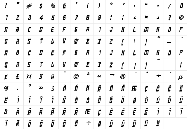 Kosher Bold Italic  glyph index