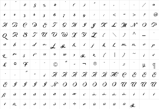 ByronBoldSwash Roman  glyph index