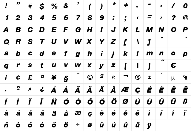 Olnova-ExtraBoldIta Regular  glyph index