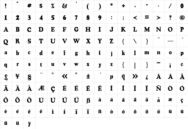 Marinao black Regular  glyph index