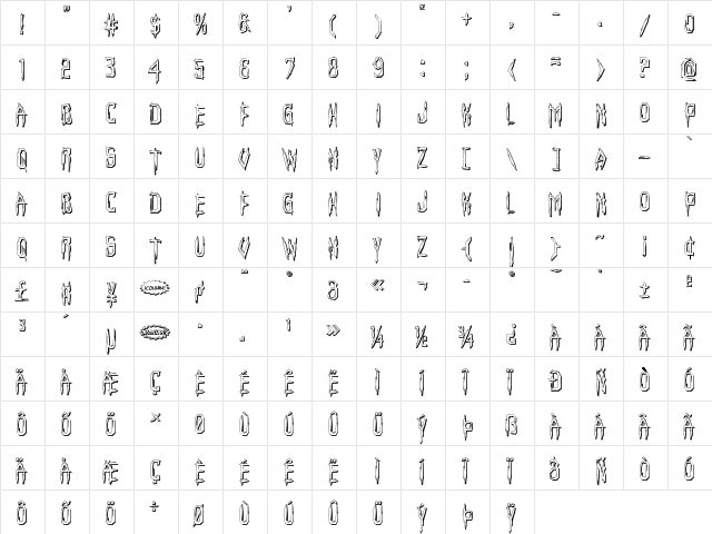Horroroid 3D Regular  glyph index
