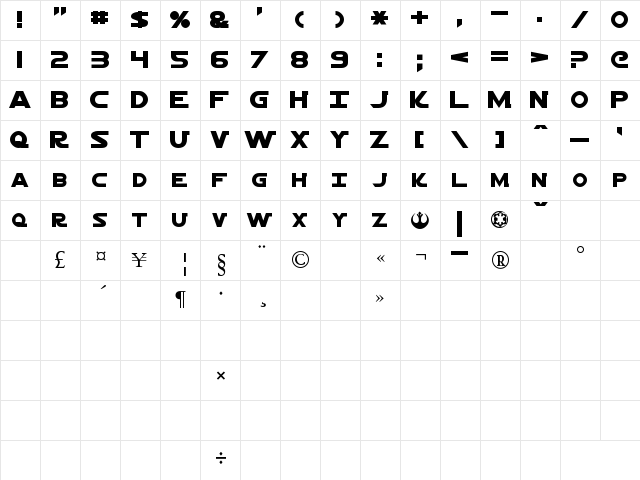 Jedi Regular  glyph index