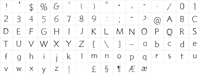 Metro Thin HPLHS  glyph index