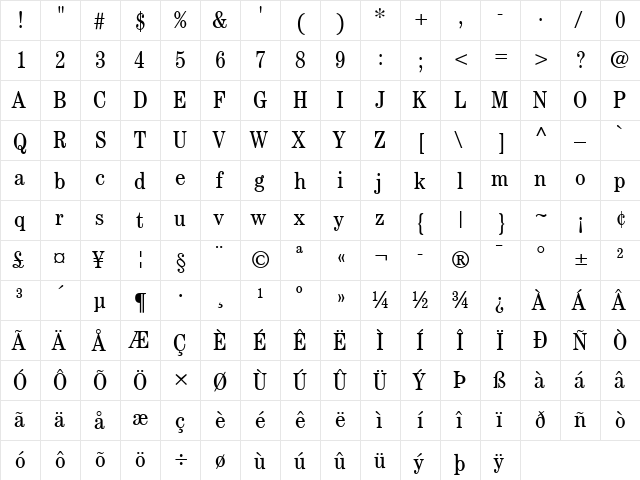 ITCCentury LT BookCond Regular  glyph index