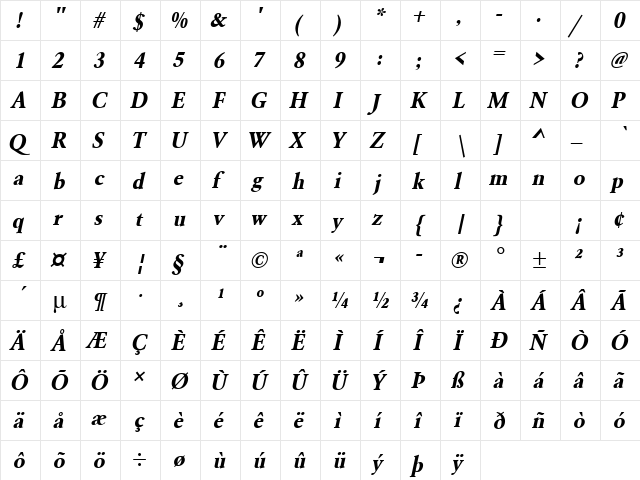 URWGaramondTNar Bold Oblique  glyph index