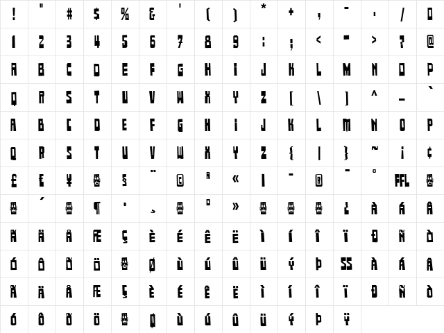 Comrade-BoldCondensed Regular  glyph index