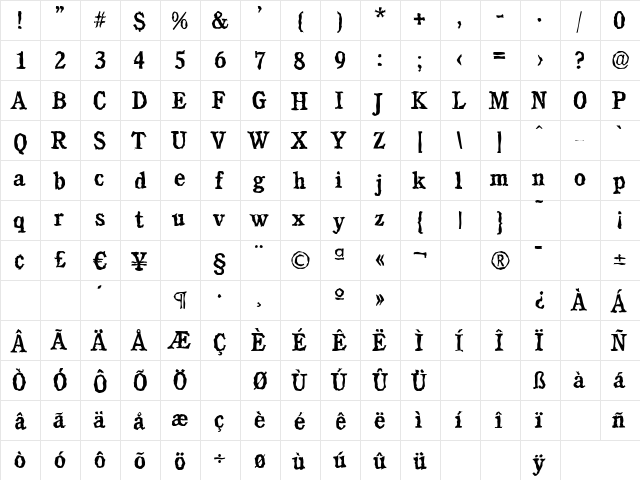 CalgaryRandom-Medium Regular  glyph index