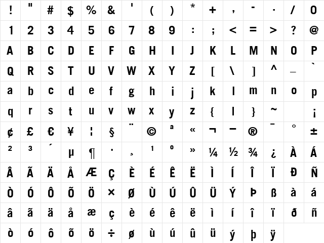 TransferGothic Bold  glyph index