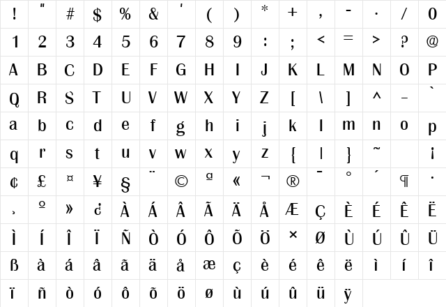 Grenoble SF Regular  glyph index