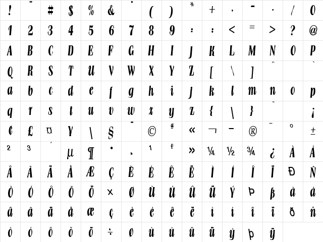 Broach Thin Bold  glyph index