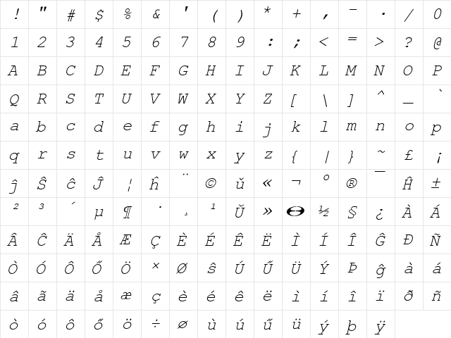 Kuriero Esperanto Kursiva  glyph index