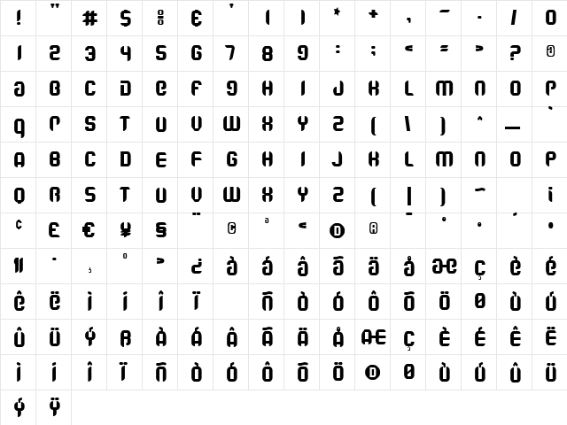 Bling Regular  glyph index