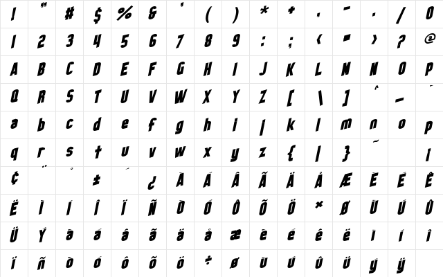 SF Obliquities Regular  glyph index