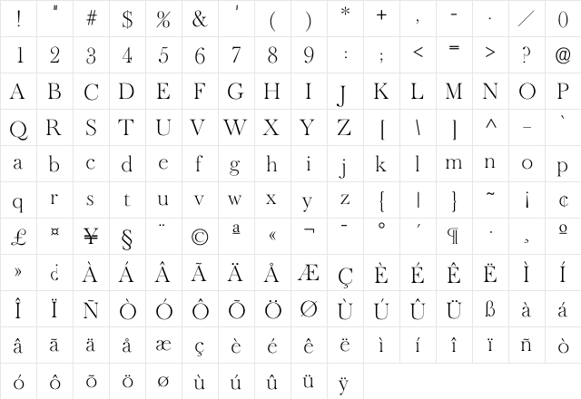 Oldbasker Xlight  glyph index