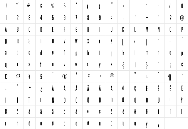 BlockGothicRR Regular  glyph index