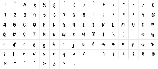 Jacklin Regular  glyph index