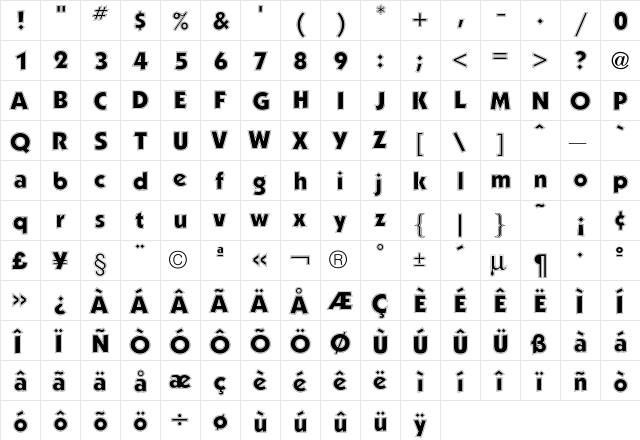 Kabel Contour  glyph index