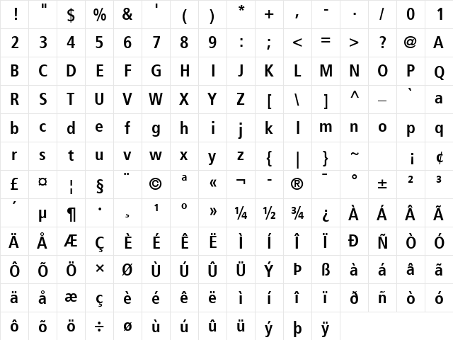 Frutiger LT Com 67 Bold Condensed  glyph index