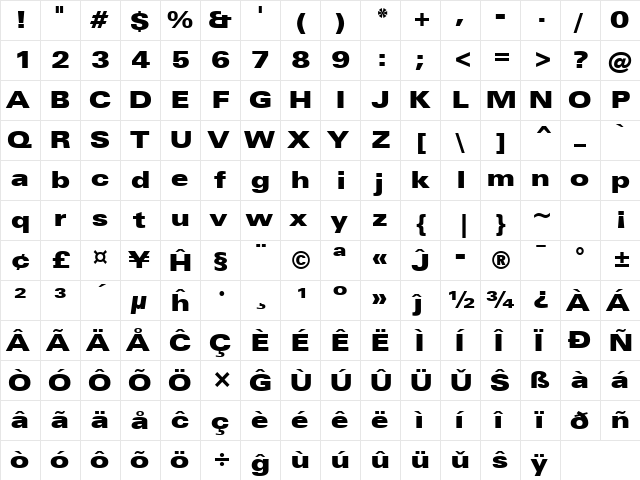 Zurich Eo Ultra Black  glyph index
