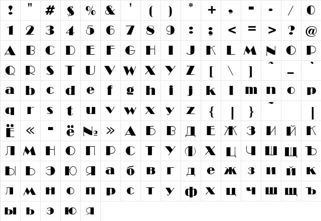 Broadway Normal  glyph index