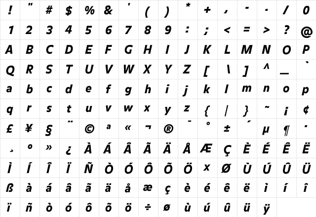 Balance BlackItalic  glyph index