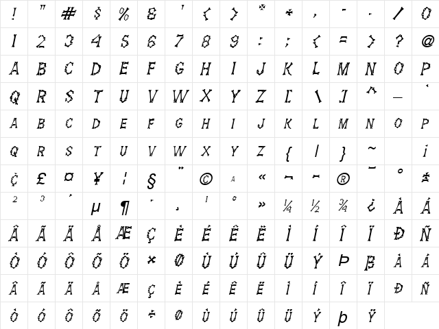 Eddy's Bones Italic  glyph index