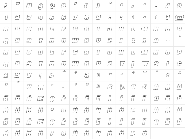 Elephant Gun Outline Italic Regular  glyph index