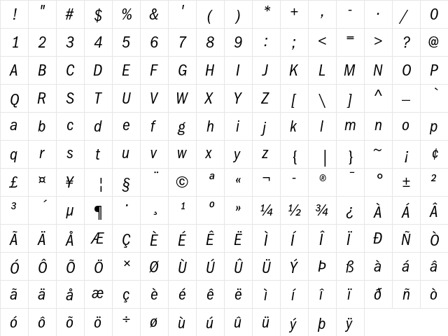 ITC Franklin Gothic Book Condensed Italic  glyph index