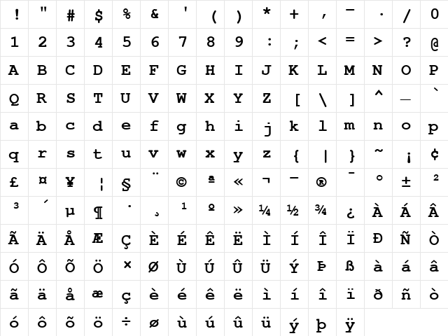 Nimbus Mono L Regular  glyph index