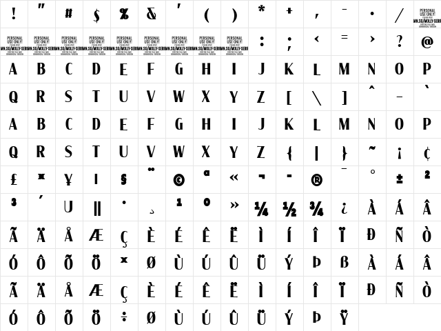 Molly Serif XC PERSONAL Bold  glyph index