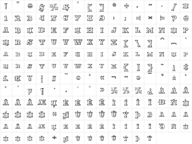 Taqueria Open Regular  glyph index