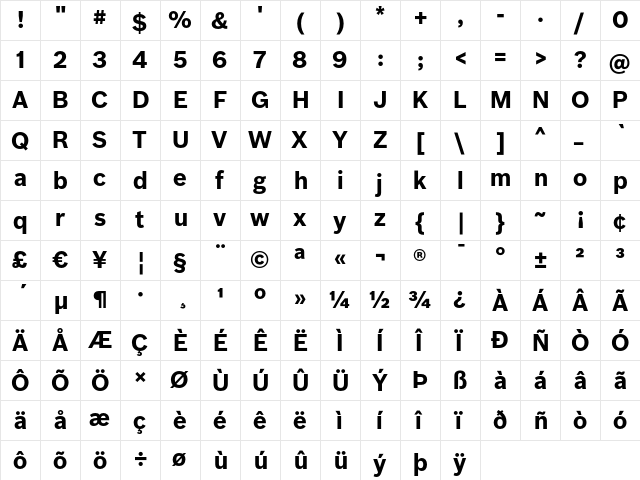 Bosch Bold  glyph index