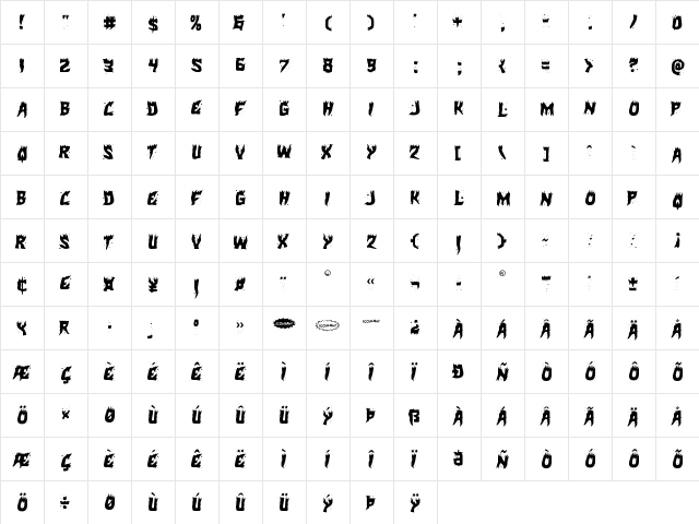 Hot Kiss Staggered Regular  glyph index
