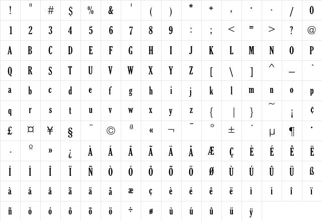 ECBCheltenham Regular  glyph index