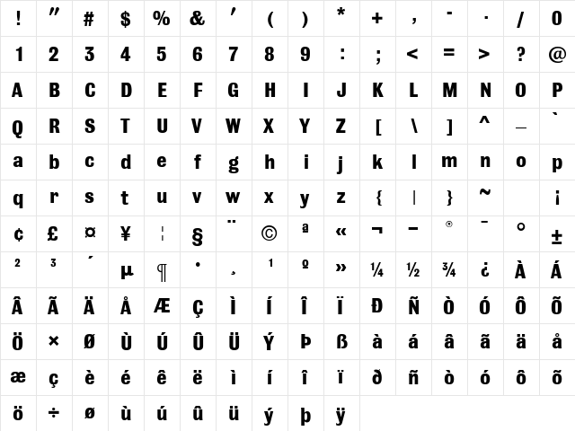 Bulldog Bold  glyph index