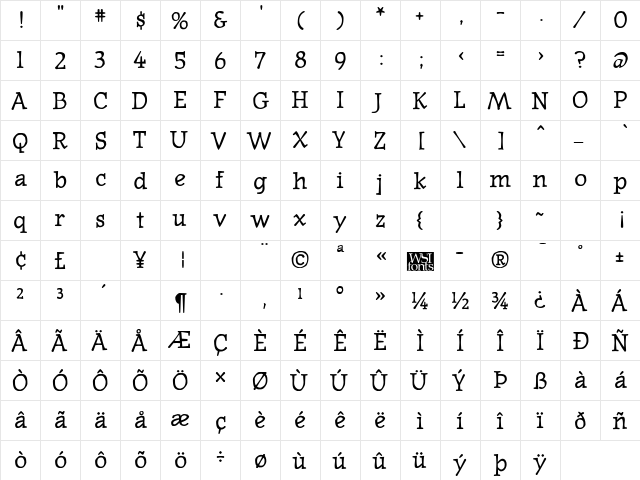 OldNews Bold  glyph index