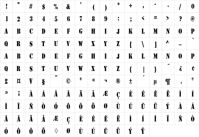 Larchmere Condensed Regular  glyph index