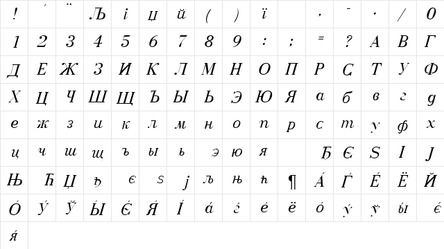 BodoniCyrillic RegularItalic  glyph index