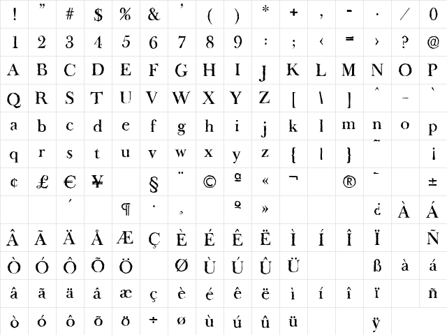 BaskerOldAntique-Medium Regular  glyph index